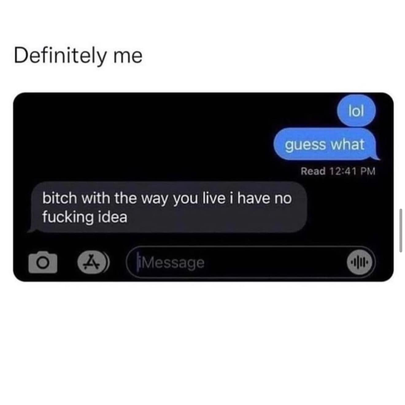 A funny and relatable screenshot of a text message exchange where a friend's perfect reply to the question "guess what" is a hilarious roast of their friend's chaotic lifestyle.