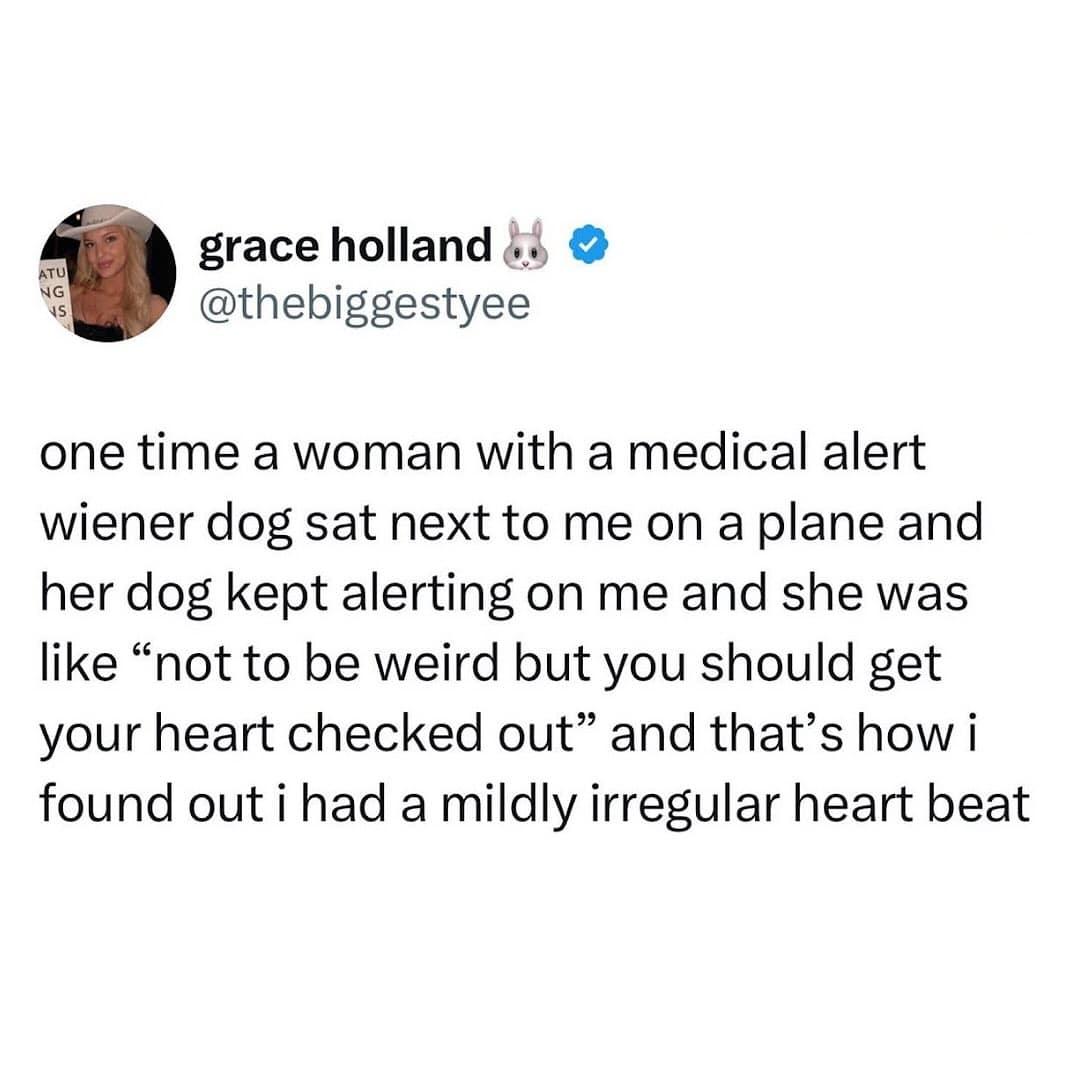 A tweet telling the incredible true story of how a service dog on a plane discovered a fellow passenger's heart condition.