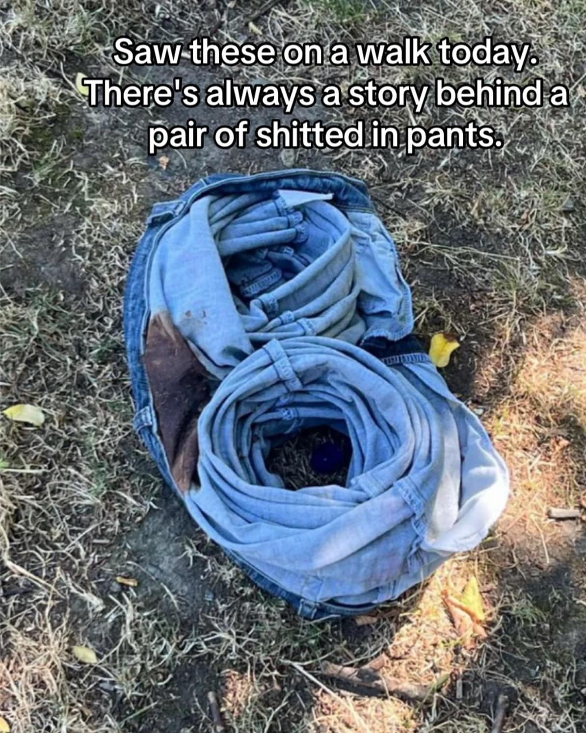 A funny meme about finding a pair of pooped-in pants abandoned on the ground and wondering about the story.