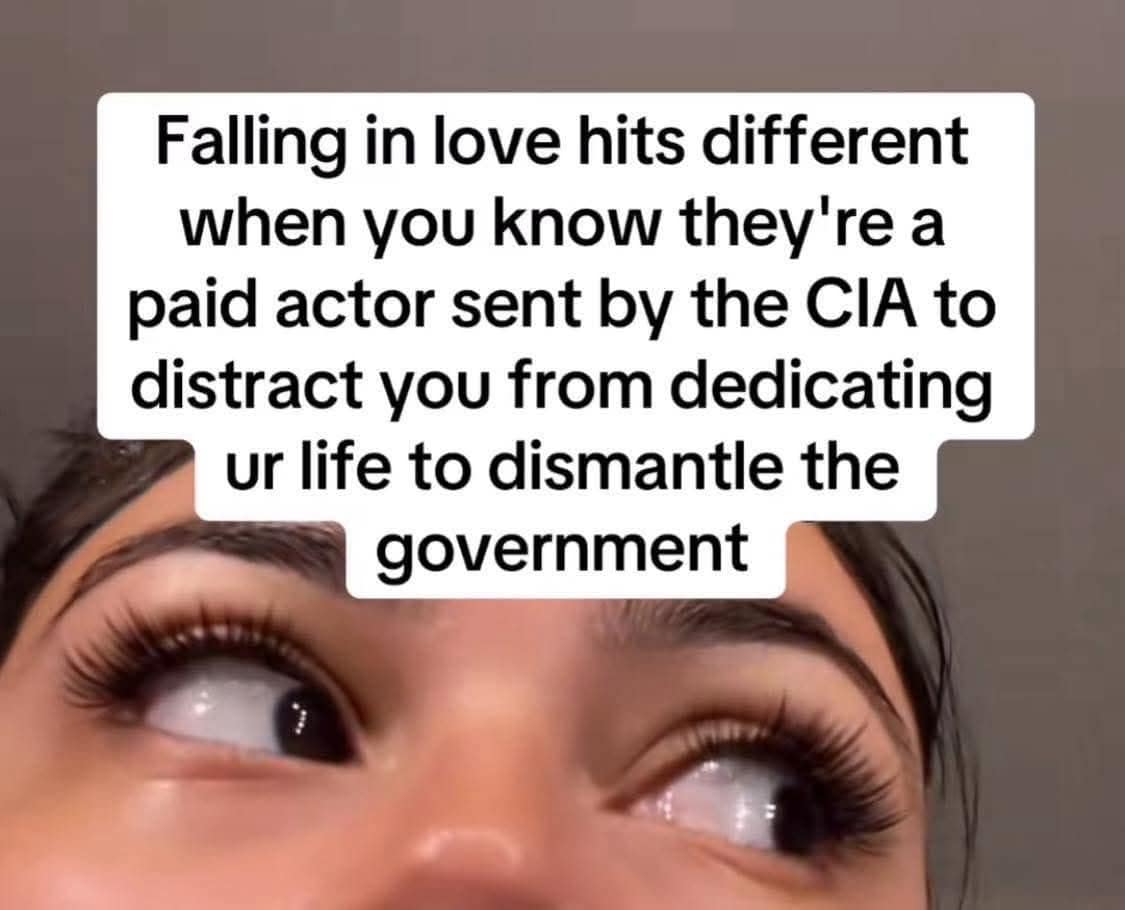 A paranoid and funny meme joking that falling in love is a different experience when you believe your partner is a paid actor sent by the CIA.