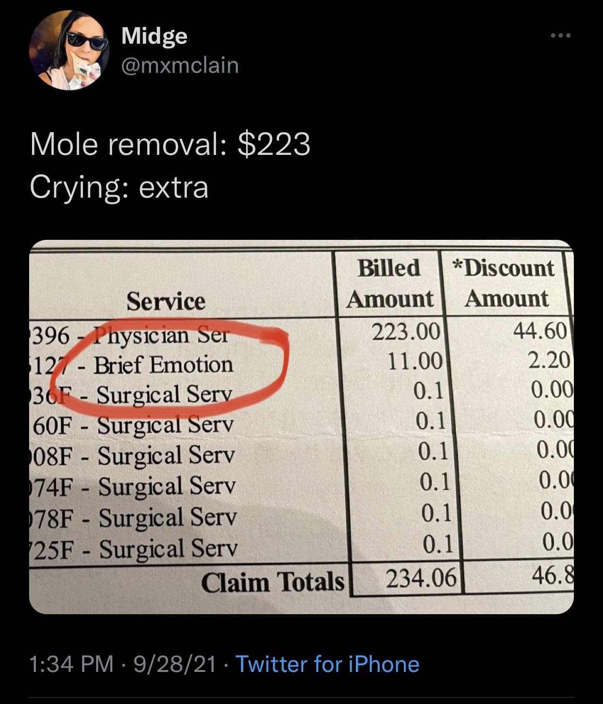 A funny meme of a tweet showing a medical bill that actually charged a patient $11 for crying.
