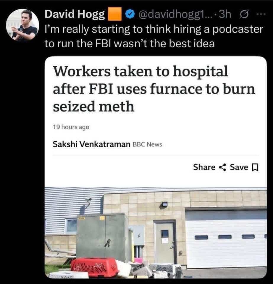 A funny meme of a tweet reacting to a news story about the FBI accidentally getting workers high.