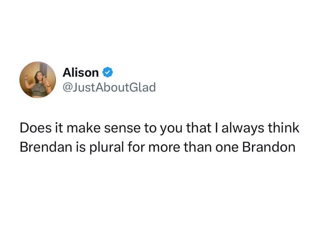 A relatable and funny meme about names where a user asks if Brendan is the plural for Brandon.