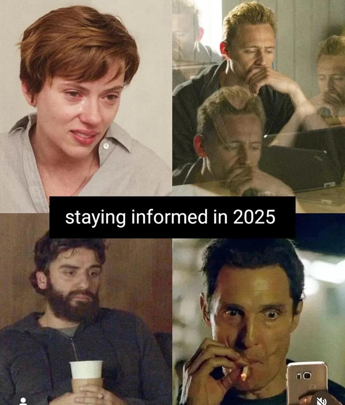 A funny and relatable meme with distressed celebrities showing what it feels like staying informed in the year 2025.