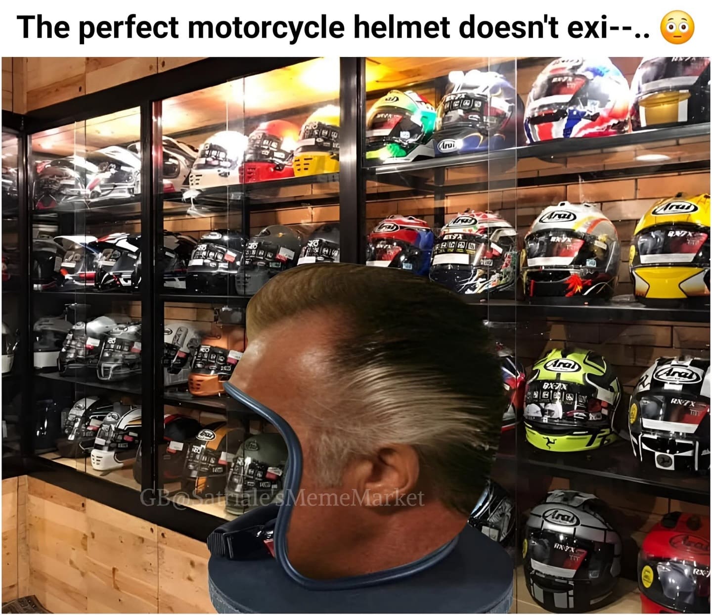 A funny meme of the "perfect motorcycle helmet" that has a full and beautiful head of slicked-back brown hair.
