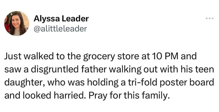 A relatable tweet about a disgruntled father and his daughter at the store late for a school project.