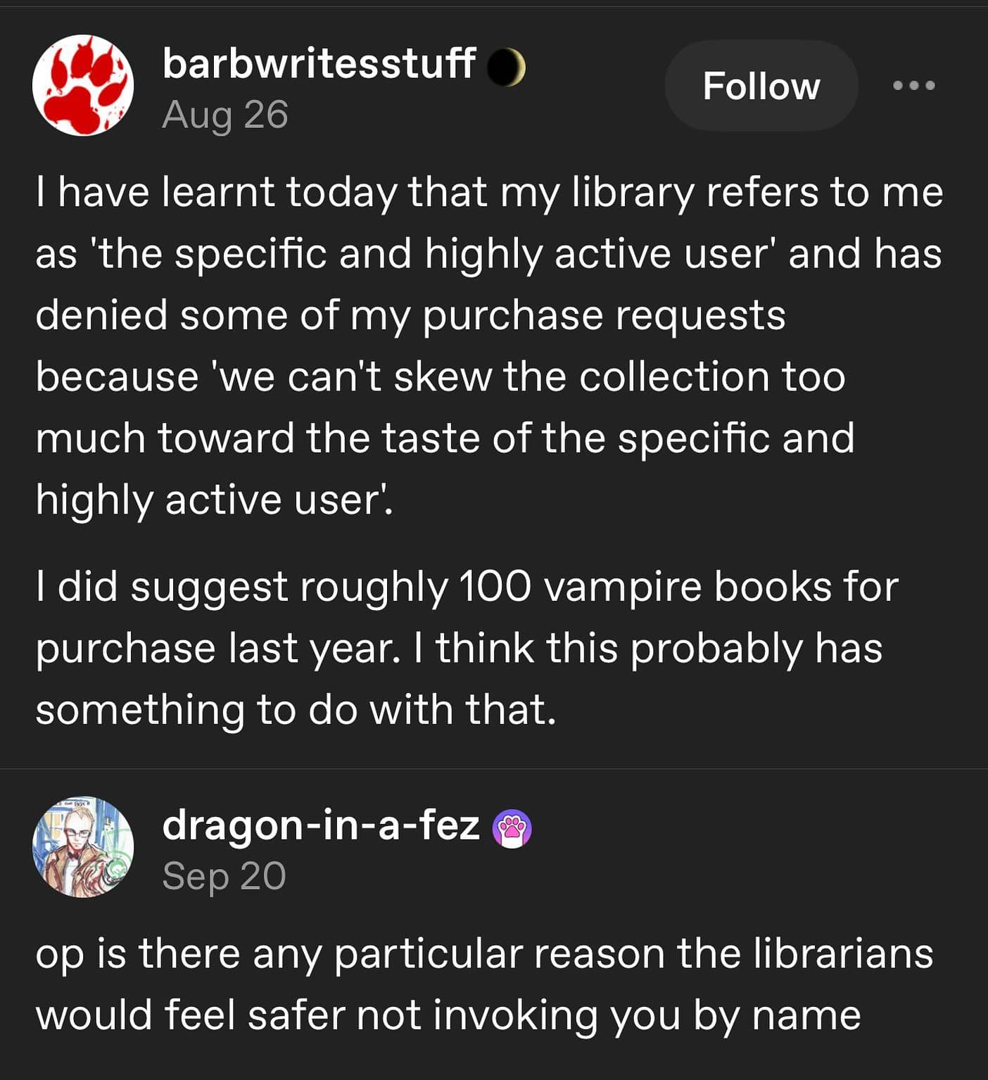 A funny Tumblr post where a library user who requested 100 vampire books is called 'the specific user.'