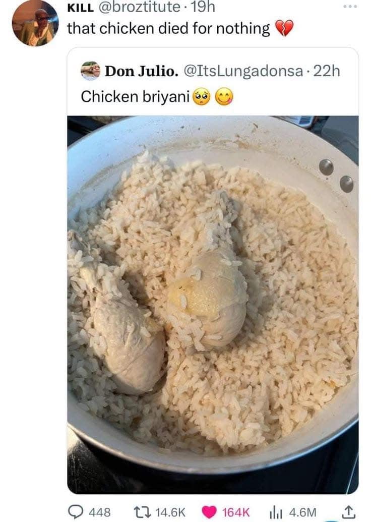 A screenshot of a tweet that shows a very sad and deeply unappetizing-looking pot of "Chicken biryani," which is just plain white rice with two plain, boiled chicken drumsticks in it.