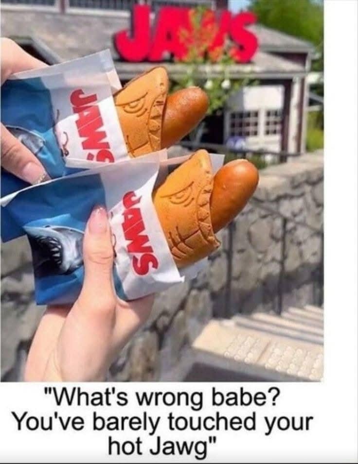 A funny and creative meme about a "hot Jawg," which is a real-life hot dog that is served in a very cool, shark-shaped bun from the Jaws ride at Universal Studios in Japan.