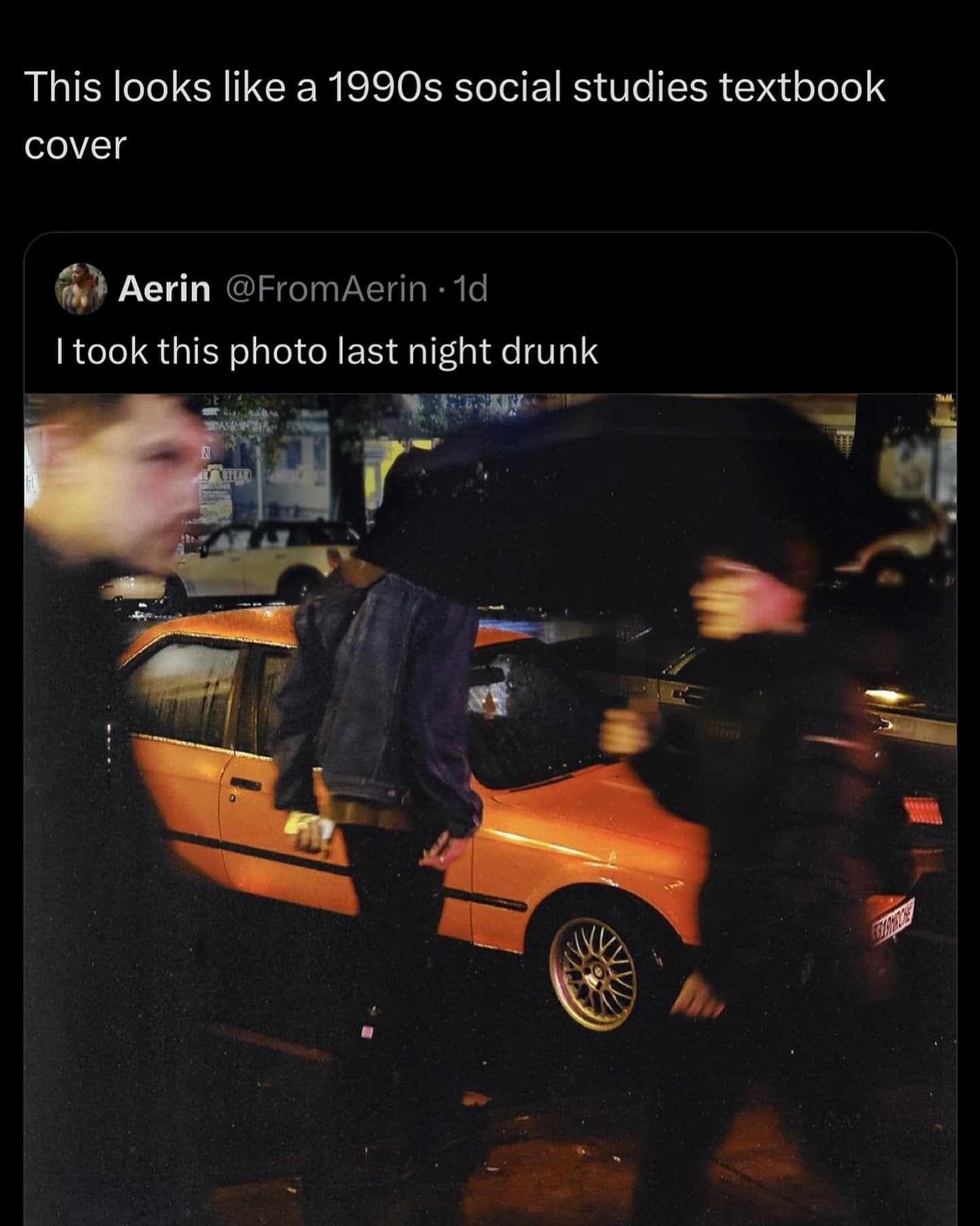 A funny tweet comparing a blurry, drunk photo of people on a street at night to a 1990s social studies textbook cover.