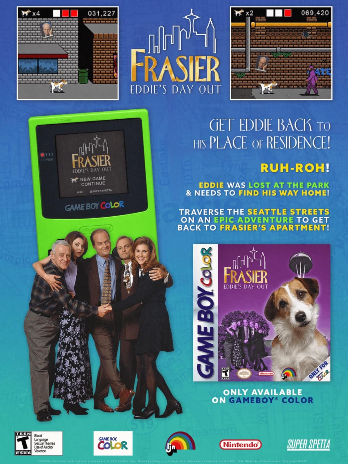 A brilliant and creative fan-made mock-up of a retro magazine advertisement for a fake Nintendo Game Boy Color video game based on the TV show Frasier.
