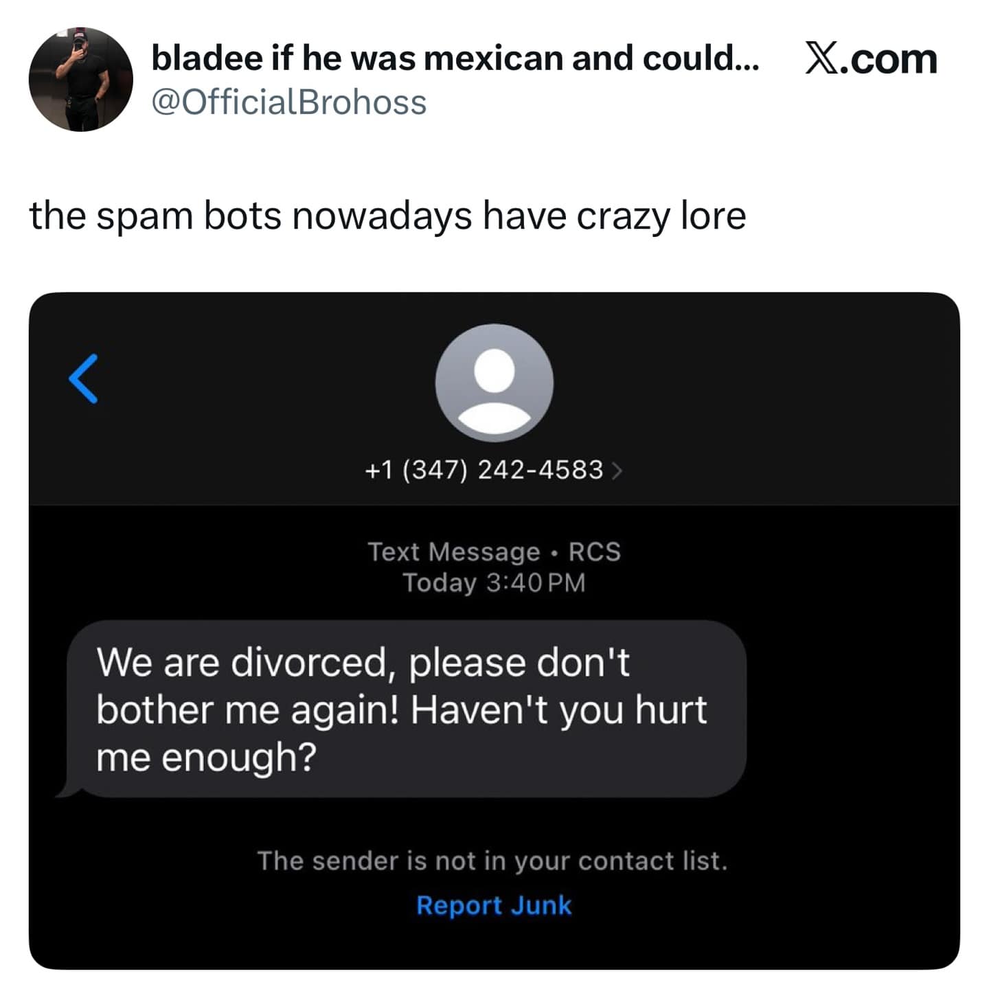 A screenshot of a very strange and bizarrely personal spam text message that reads, "We are divorced, please don't bother me again! Haven't you hurt me enough?".