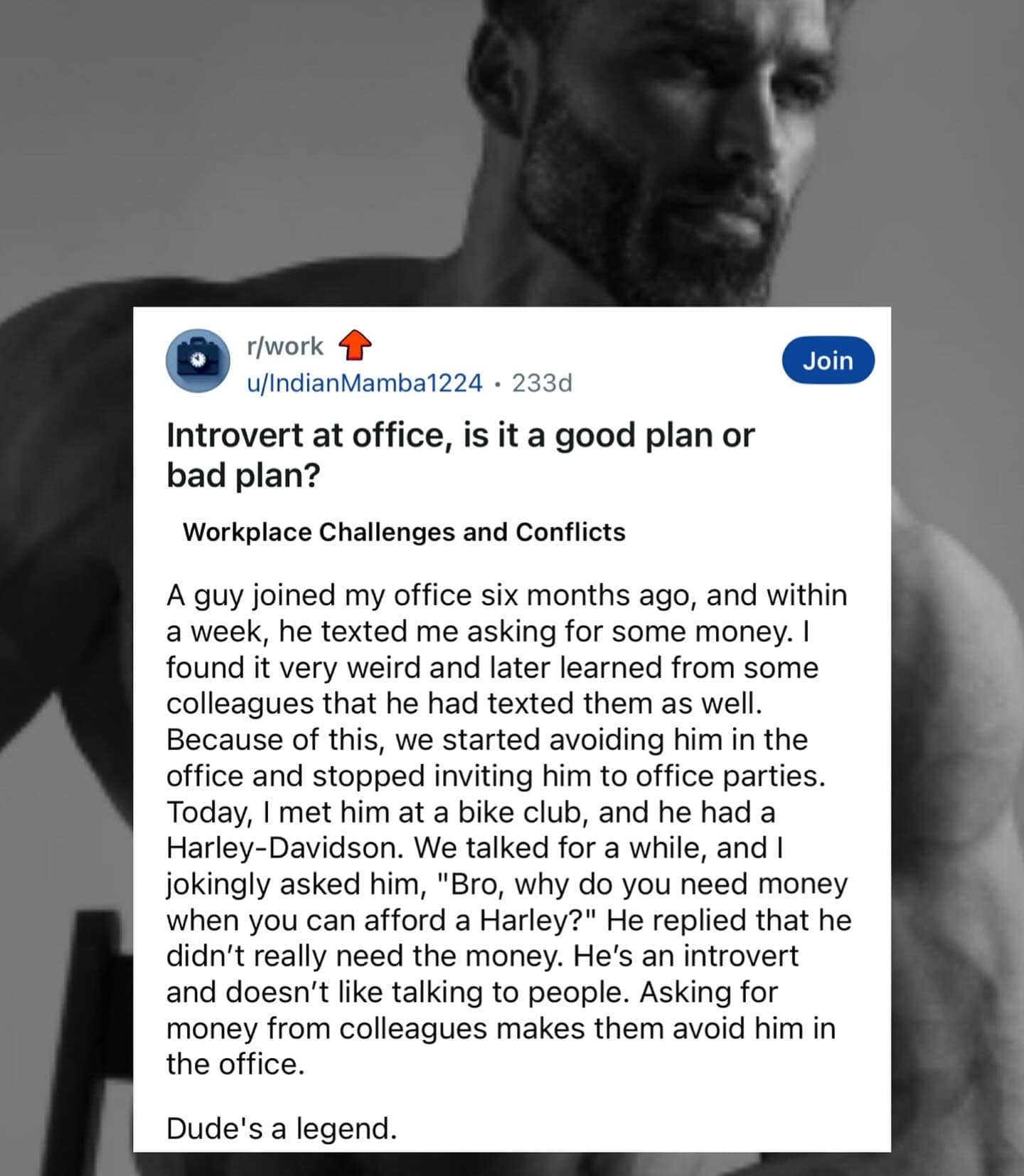 A screenshot from a Reddit post telling the legendary story about an introverted coworker's genius and slightly unhinged plan to get his colleagues to stop talking to him at the office.