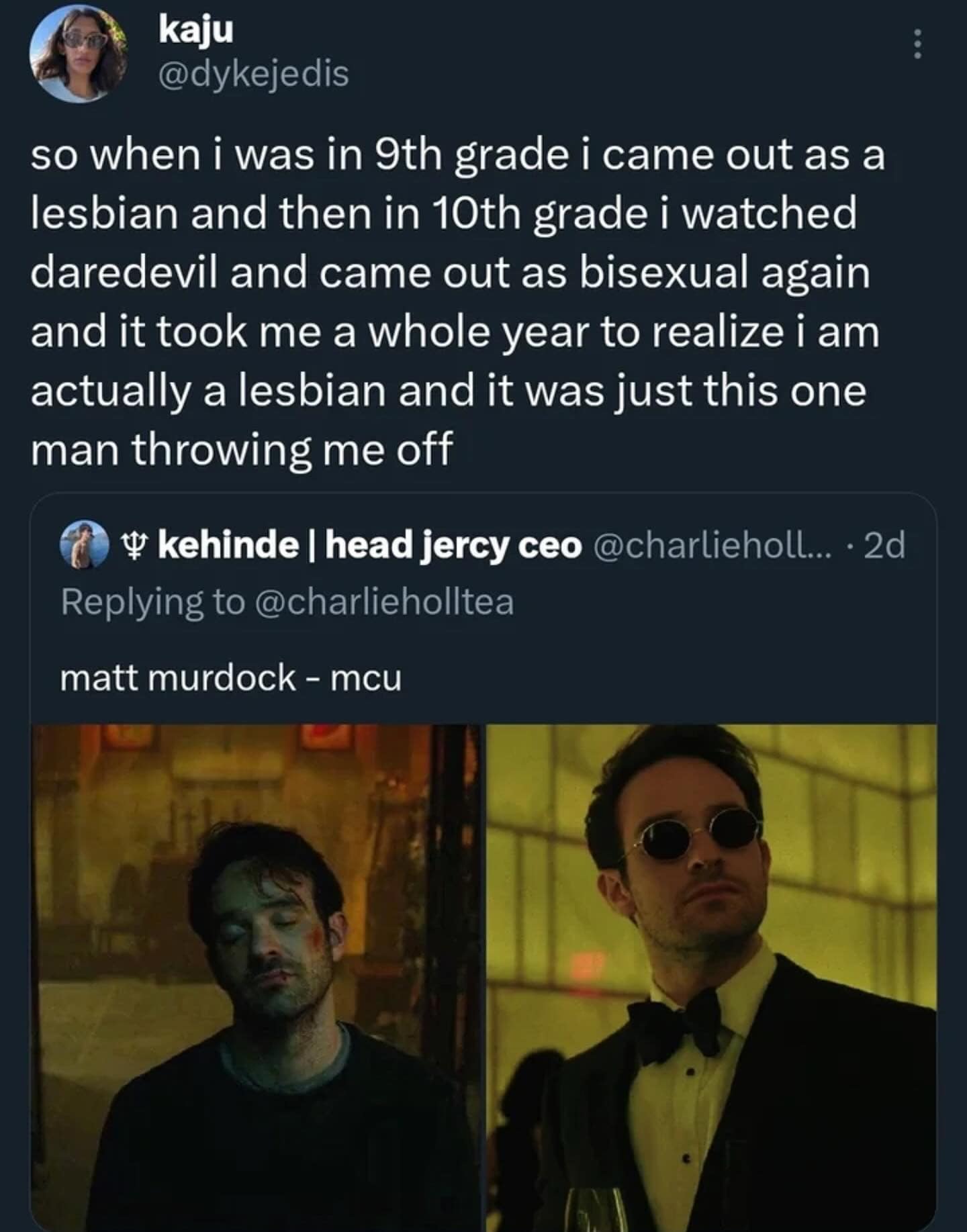 A funny and relatable tweet about how the character Matt Murdock from "Daredevil" can make someone question their sexuality.