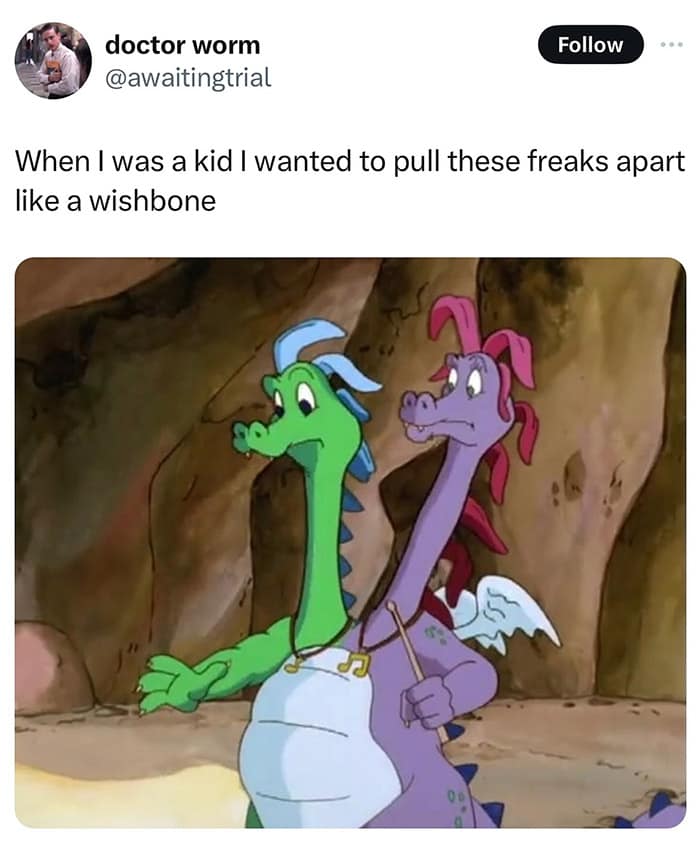 A screenshot of a tweet about the strange and intrusive childhood thought of wanting to pull the two-headed dragon from the cartoon Dragon Tales apart like a wishbone.