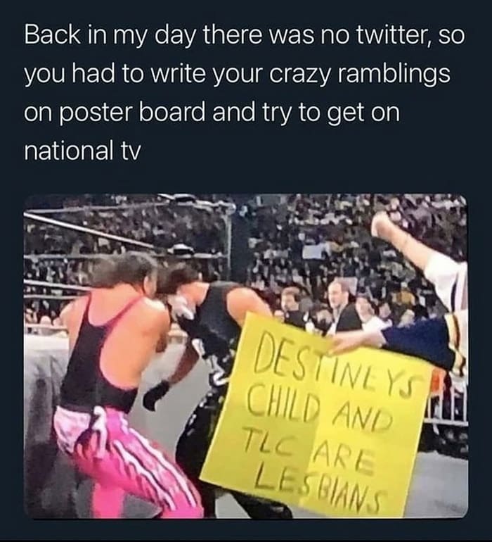 A funny and educational meme about how people had to get their crazy and unhinged ramblings on national TV before the invention of Twitter, with a picture of a strange wrestling fan's sign from the 90s.