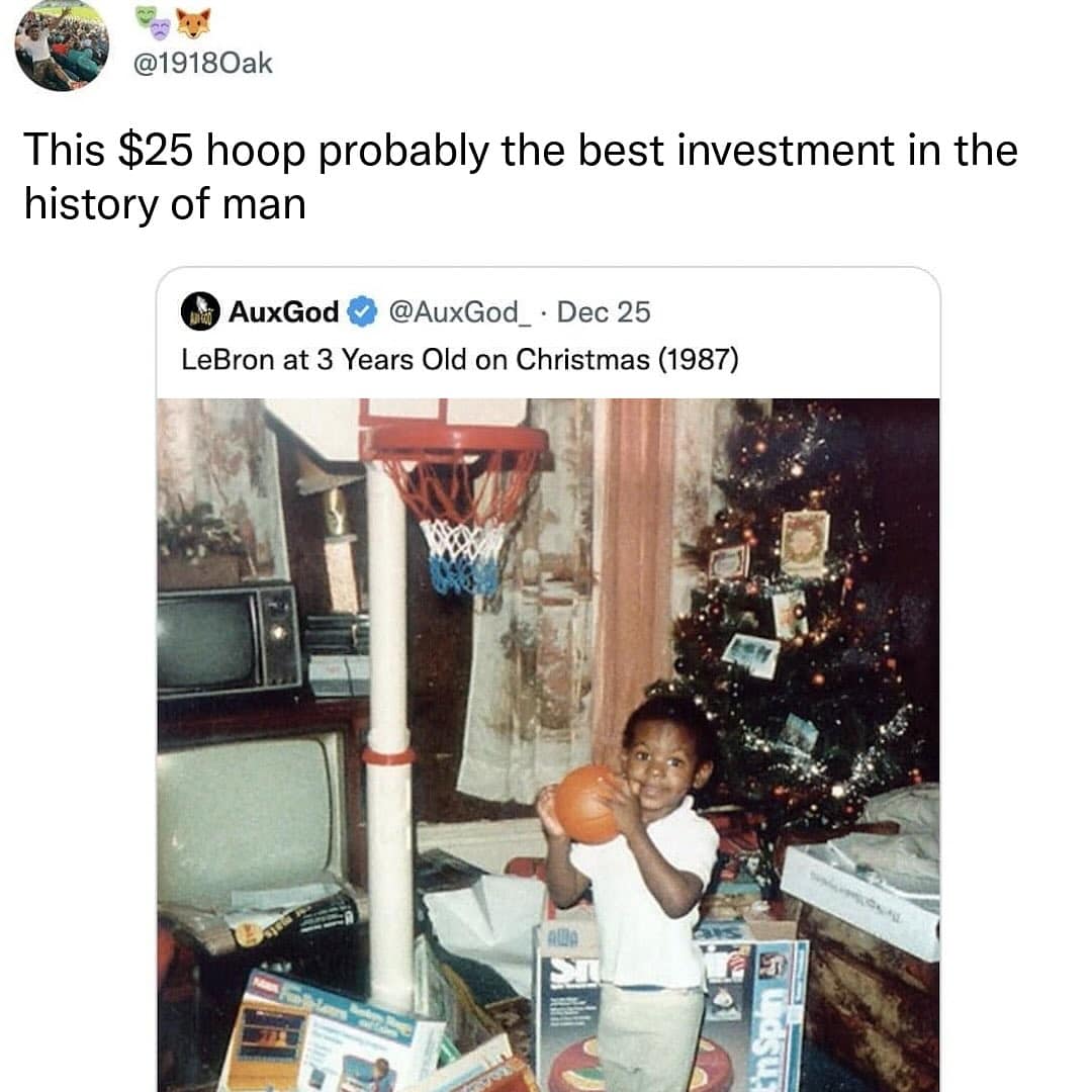 A funny tweet calling a young LeBron James's first toy basketball hoop on Christmas the best investment of all time.