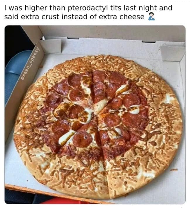 A photo of a pepperoni pizza where the user accidentally ordered "extra crust" instead of "extra cheese" while high, with hilarious and inedible results.