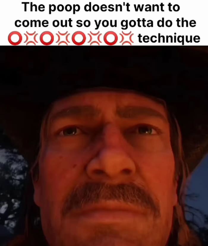 A funny screenshot from the popular video game Red Dead Redemption 2 that is being used to make a very gross, specific, and relatable joke about the physical struggles of being constipated.