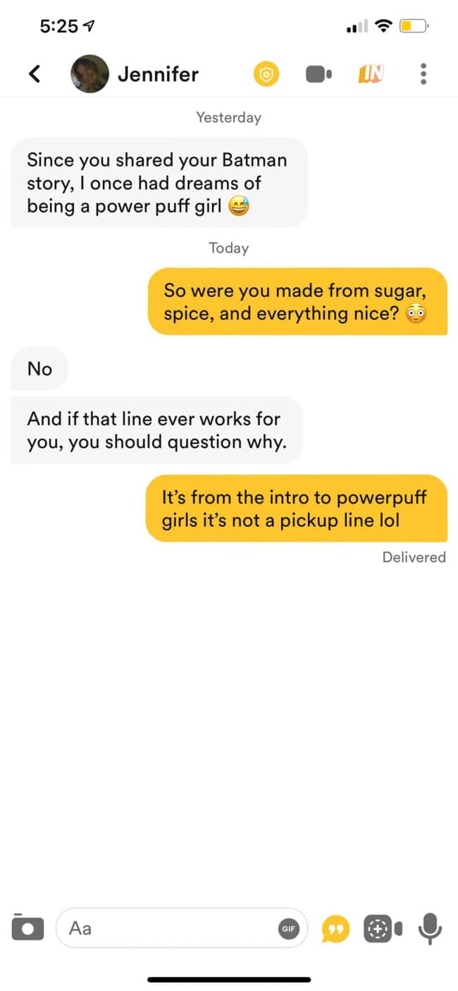 A screenshot of a funny Tinder exchange where a user's innocent reference to the classic cartoon The Powerpuff Girls is mistaken for a pickup line by his very confused match.