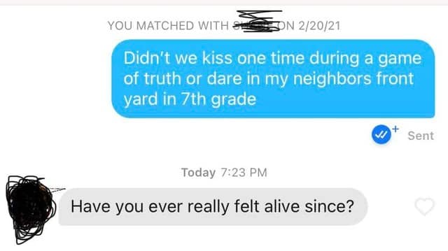 A screenshot of a funny Tinder conversation where a user tries to ask his match about a kiss they shared in the 7th grade, and she replies with a deep and devastating question.