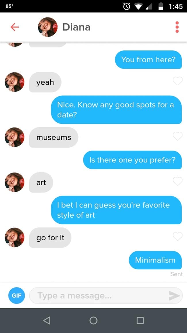 A screenshot of a Tinder conversation where a user correctly guesses that his match's favorite style of art must be "Minimalism" because she will only give him one-word answers.