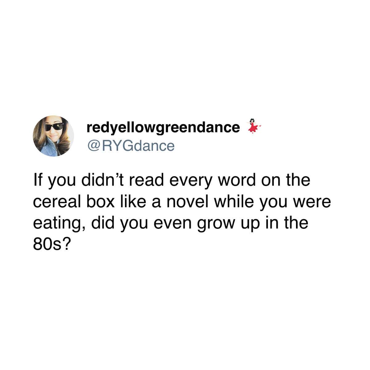 A Gen X meme tweet about the 80s childhood habit of reading the entire cereal box while eating.