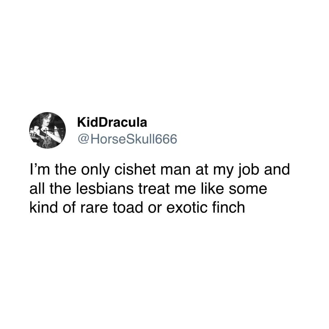 A funny and specific tweet from a cisgender heterosexual man who is describing what it is like to be treated like a rare exotic animal by his lesbian coworkers.