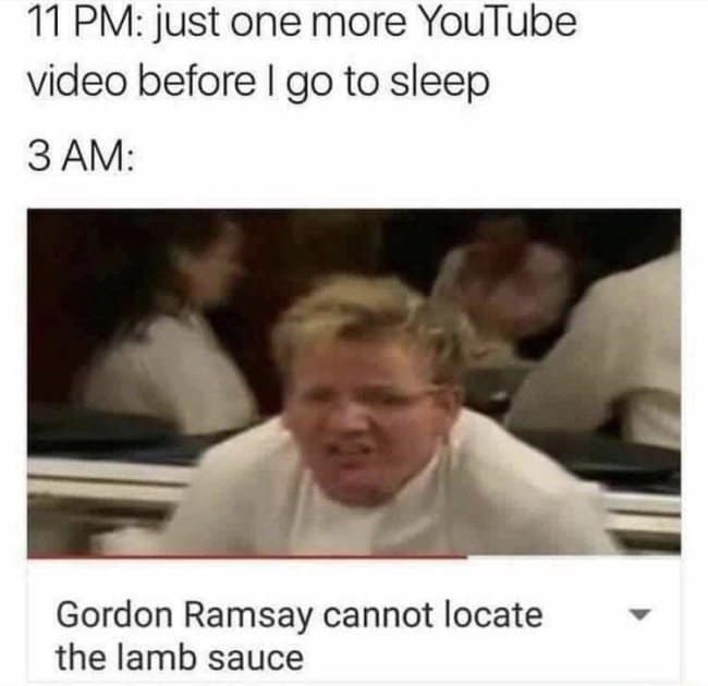 A relatable insomnia meme about getting stuck in a YouTube rabbit hole at 3am instead of going to sleep.