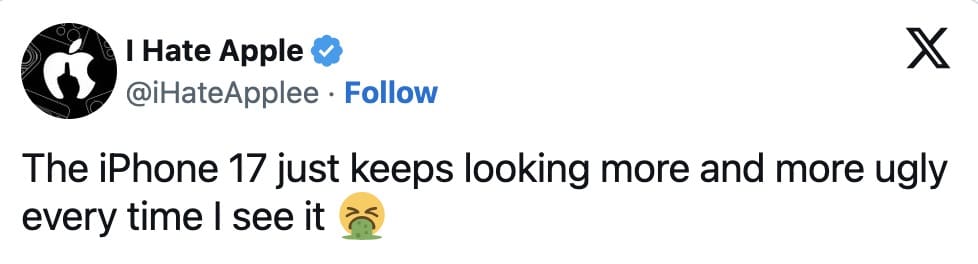 An iphone 17 meme from a user who thinks the new design is ugly
