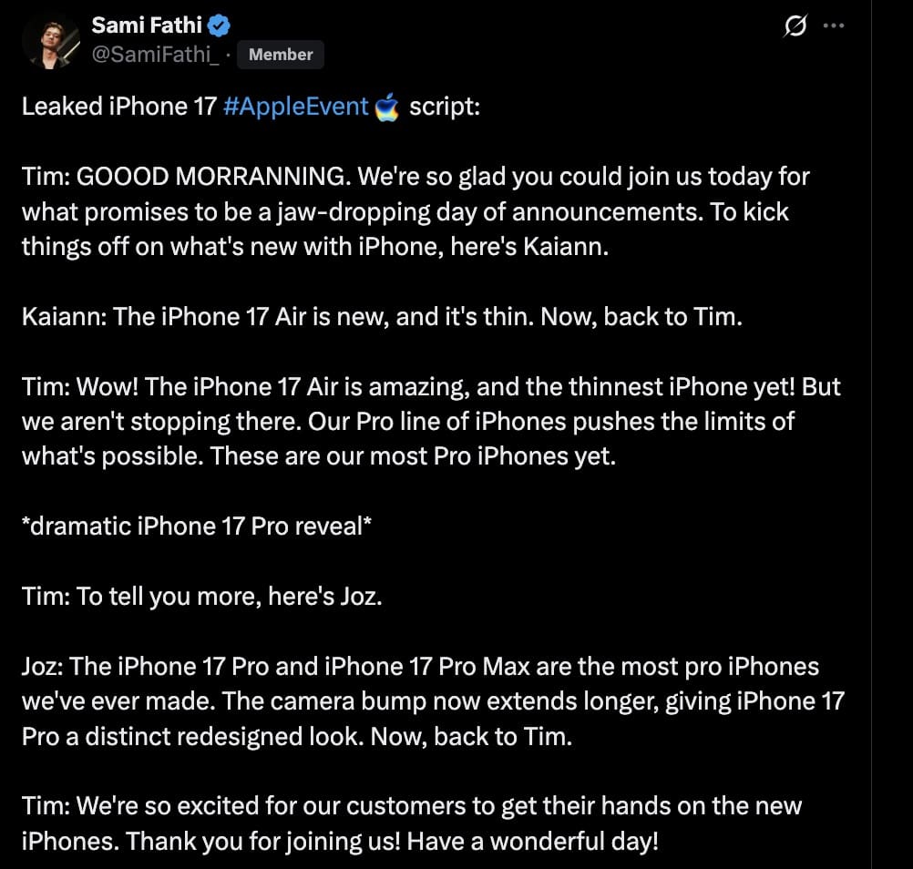 An iphone 17 meme featuring a funny "leaked script" from the 2025 Apple Event
