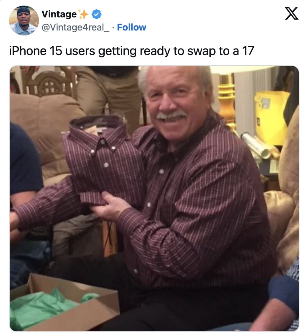 An iphone 17 meme joking that the upgrade from the iPhone 15 is identical. An iphone 17 meme joking that the upgrade from the iPhone 15 is identical