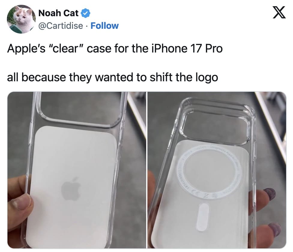 An iphone 17 meme showing Apple's new "clear" case with large white opaque sections