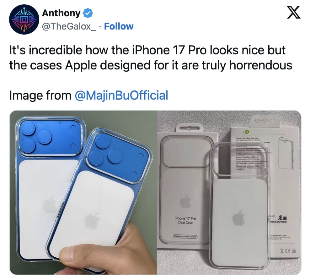 A popular iphone 17 meme tweet showing photos of the "horrendous" new official cases.