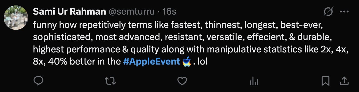 A funny iphone 17 meme calling out Apple's repetitive marketing buzzwords and statistics.