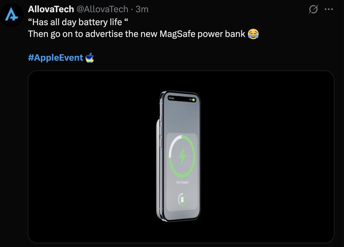 An iphone 17 meme about Apple advertising a power bank for its "all day battery."