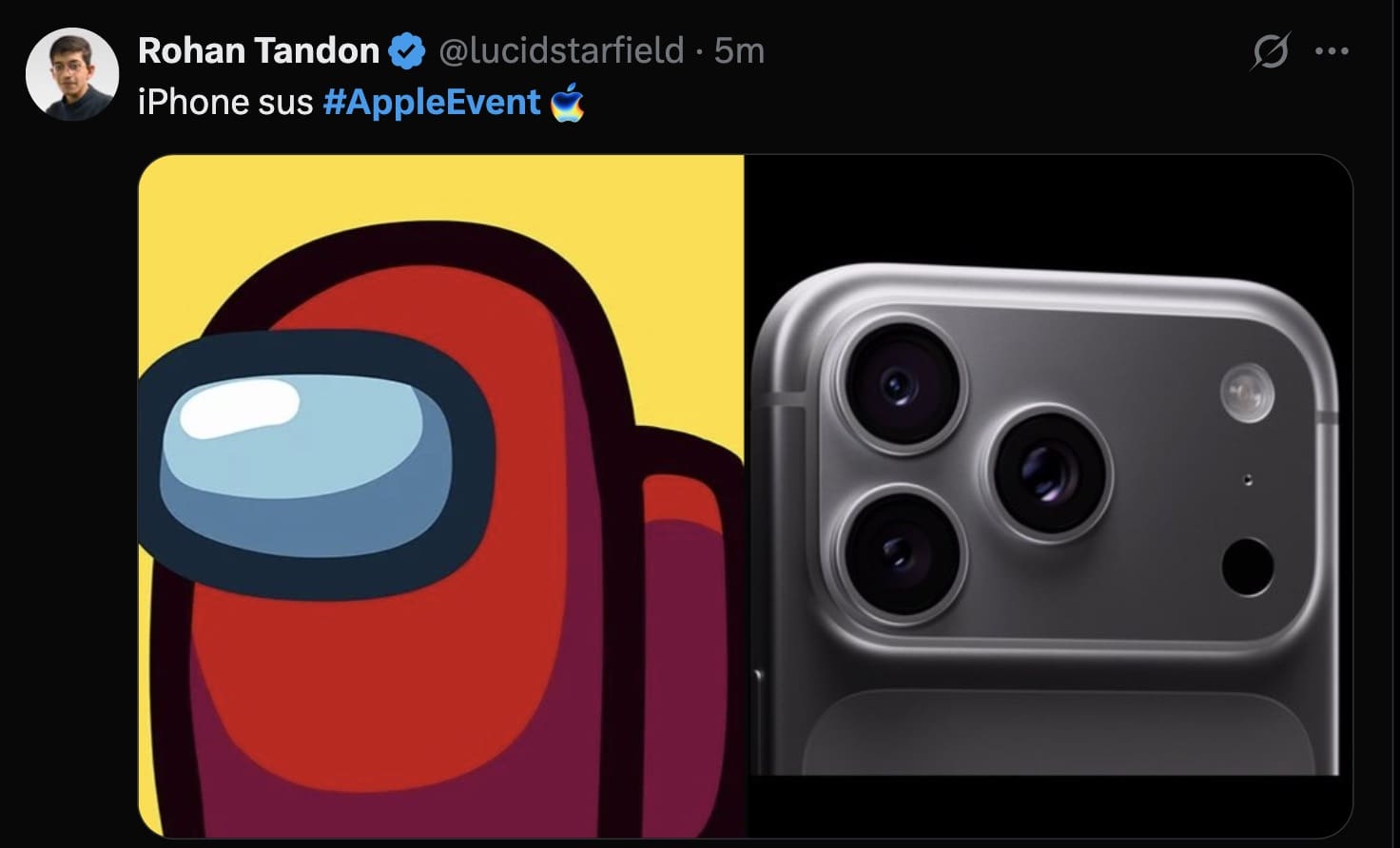 A funny iphone 17 meme comparing the new camera design to an Among Us character.