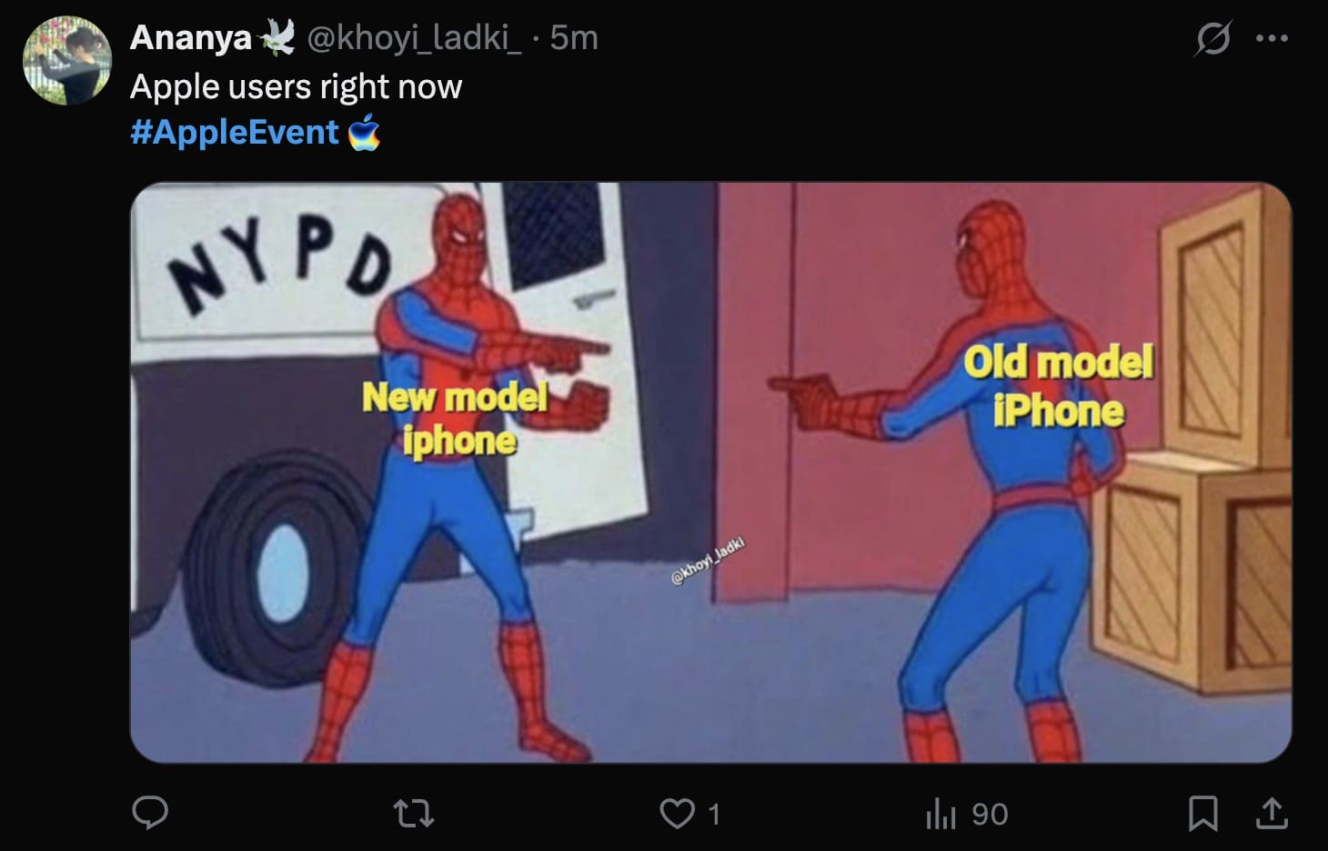 A classic Spider-Man iphone 17 meme showing the new and old phones looking identical.