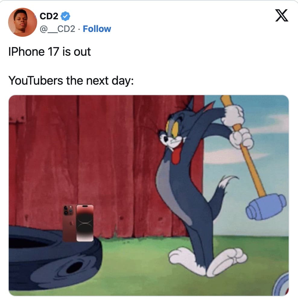 A Tom and Jerry iphone 17 meme about YouTubers doing durability tests on the new phone.