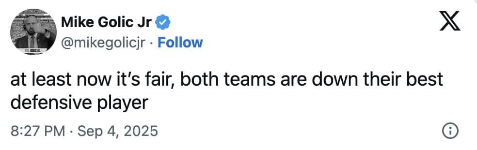 Mike Golic Jr. tweet saying now it’s fair—both teams down their best defender.