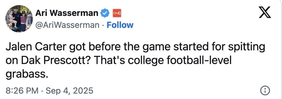 Ari Wasserman tweet noting Jalen Carter was tossed pregame for spitting on Dak Prescott.