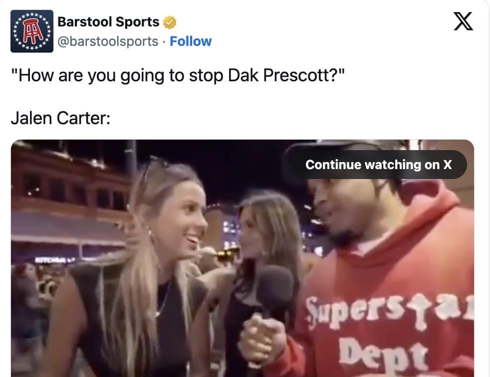 Barstool Sports tweet—question “How will you stop Dak Prescott?” with the same woman about to spit at a mic.
