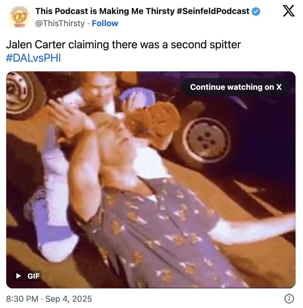 Seinfeld Podcast tweet—“second spitter” JFK parody GIF tied to DAL vs PHI.
