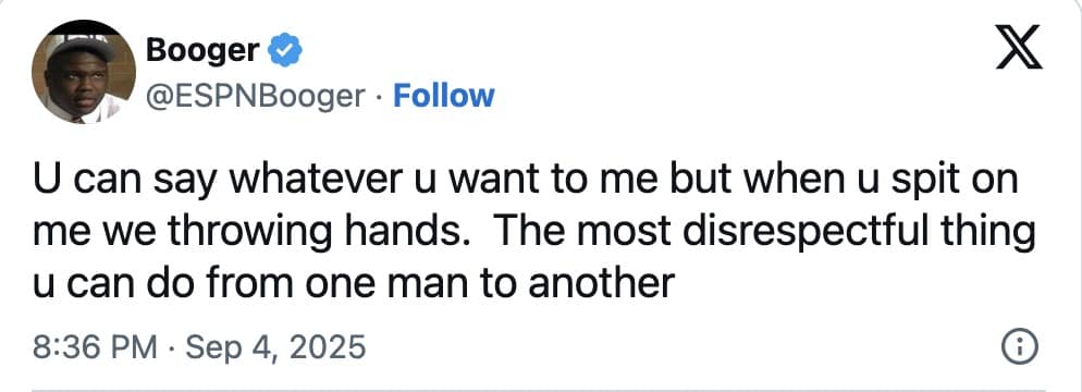 Booger McFarland tweet saying if someone spits on him they’re “throwing hands.”