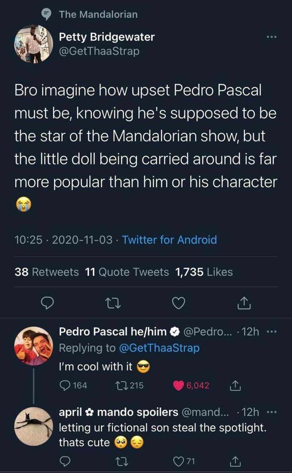 A Mandalorian and Grogu meme of a tweet where Pedro Pascal is cool with Grogu stealing the show.