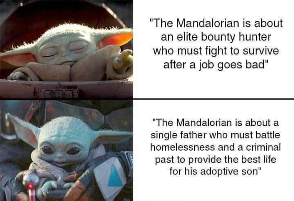 A Mandalorian and Grogu meme contrasting two different plot summaries for the show, one action-packed and one emotional.