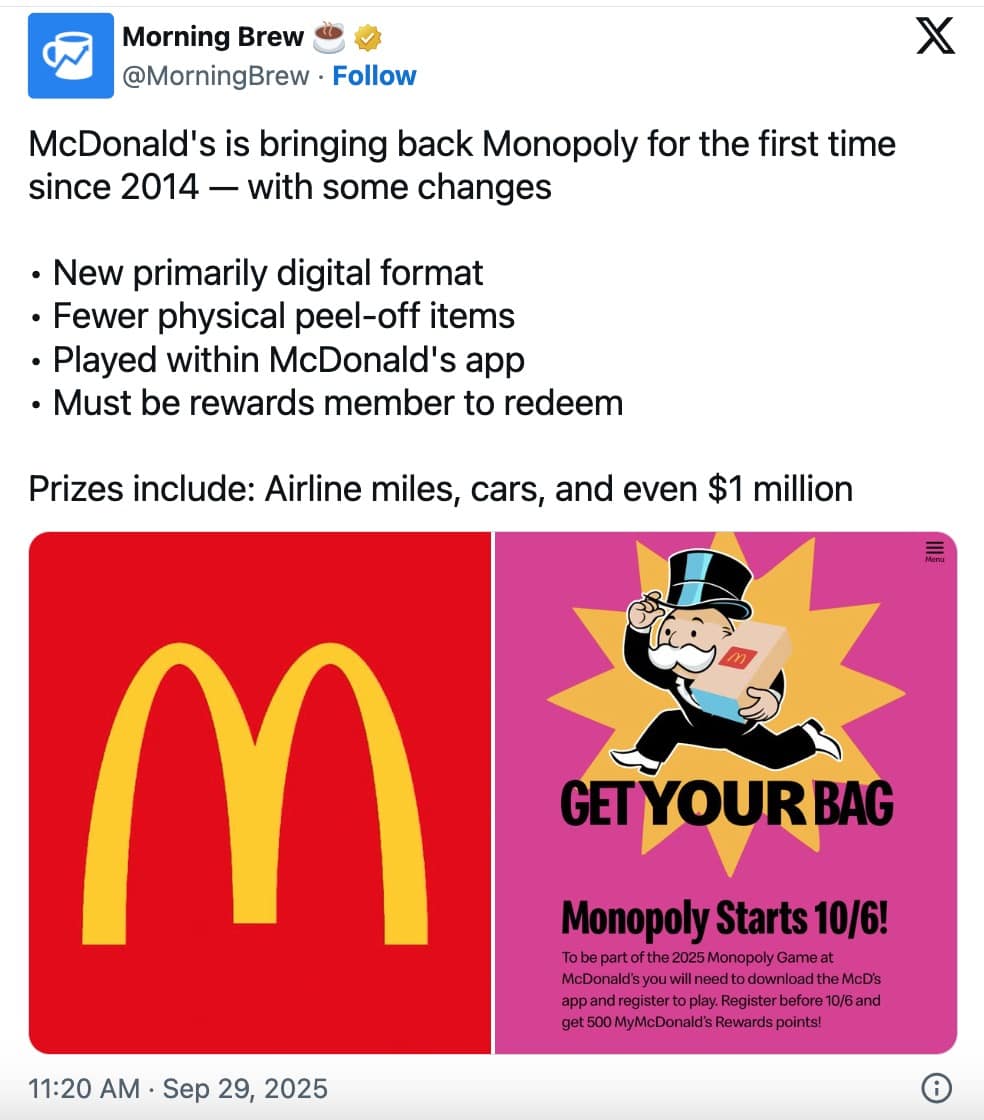 tweet announcing that the popular McDonalds monopoly is back for the first time since 2014.