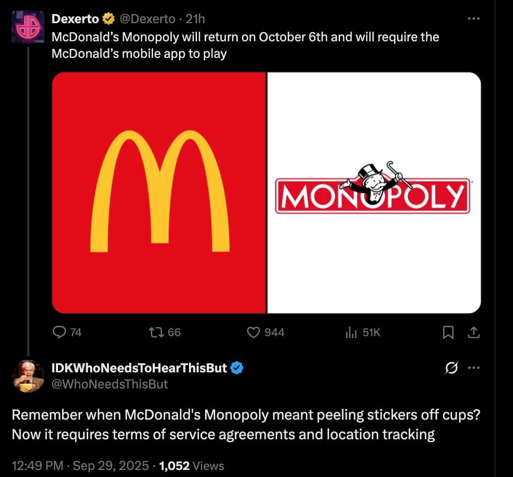 A McDonalds Monopoly meme tweet explaining that the new 2025 version requires a mobile app and location tracking.