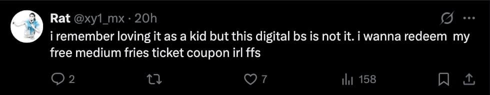 funny McDonalds Monopoly meme tweet complaining about the new digital format and wanting to redeem a physical coupon.