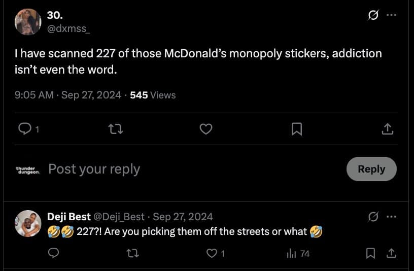 A funny McDonalds Monopoly meme tweet from someone who has scanned 227 stickers, showing the addictive nature of the game.